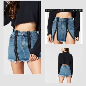 Carmar Blue Denim Mini Skirt with Black Accents. Excellent Condition Size 27